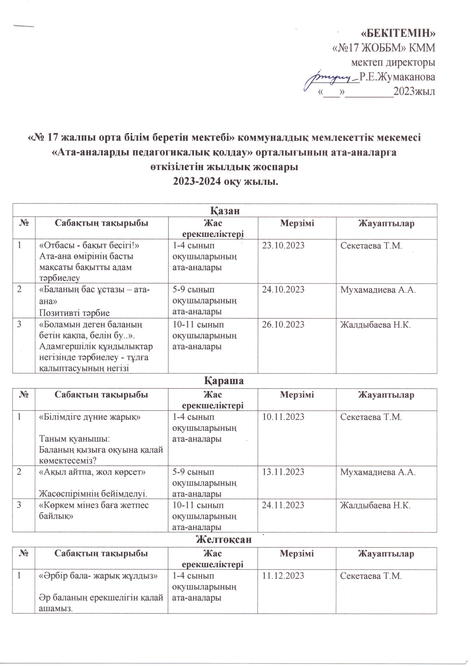 Ата аналарды педагогикалық қолдау орталығының жұмыс жоспары 2023-2024 оқу жылы
