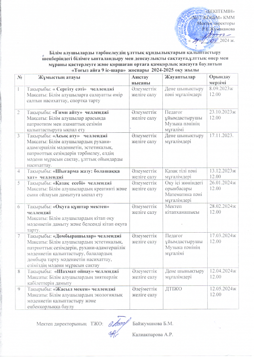 9 ай 9 іс-шара жобасының жылдық жұмыс жоспары 2024-2025 оқу жылы