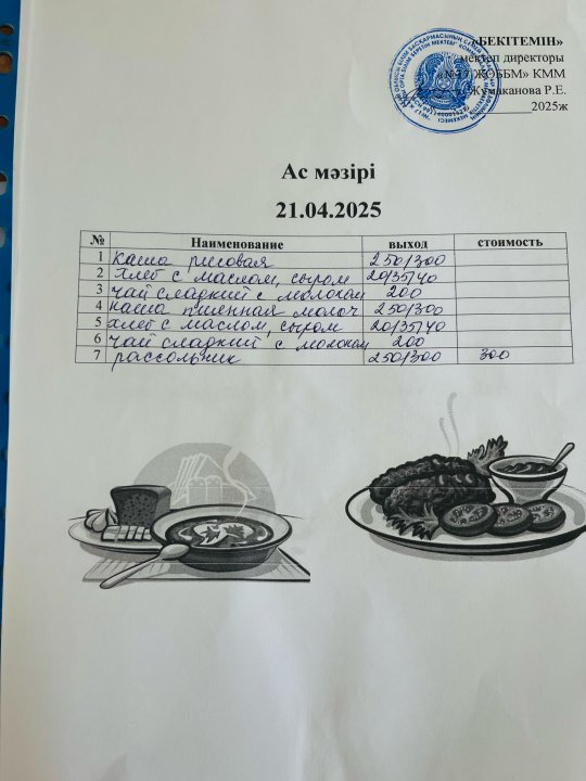 Күнделікті ас мәзірі 21.04